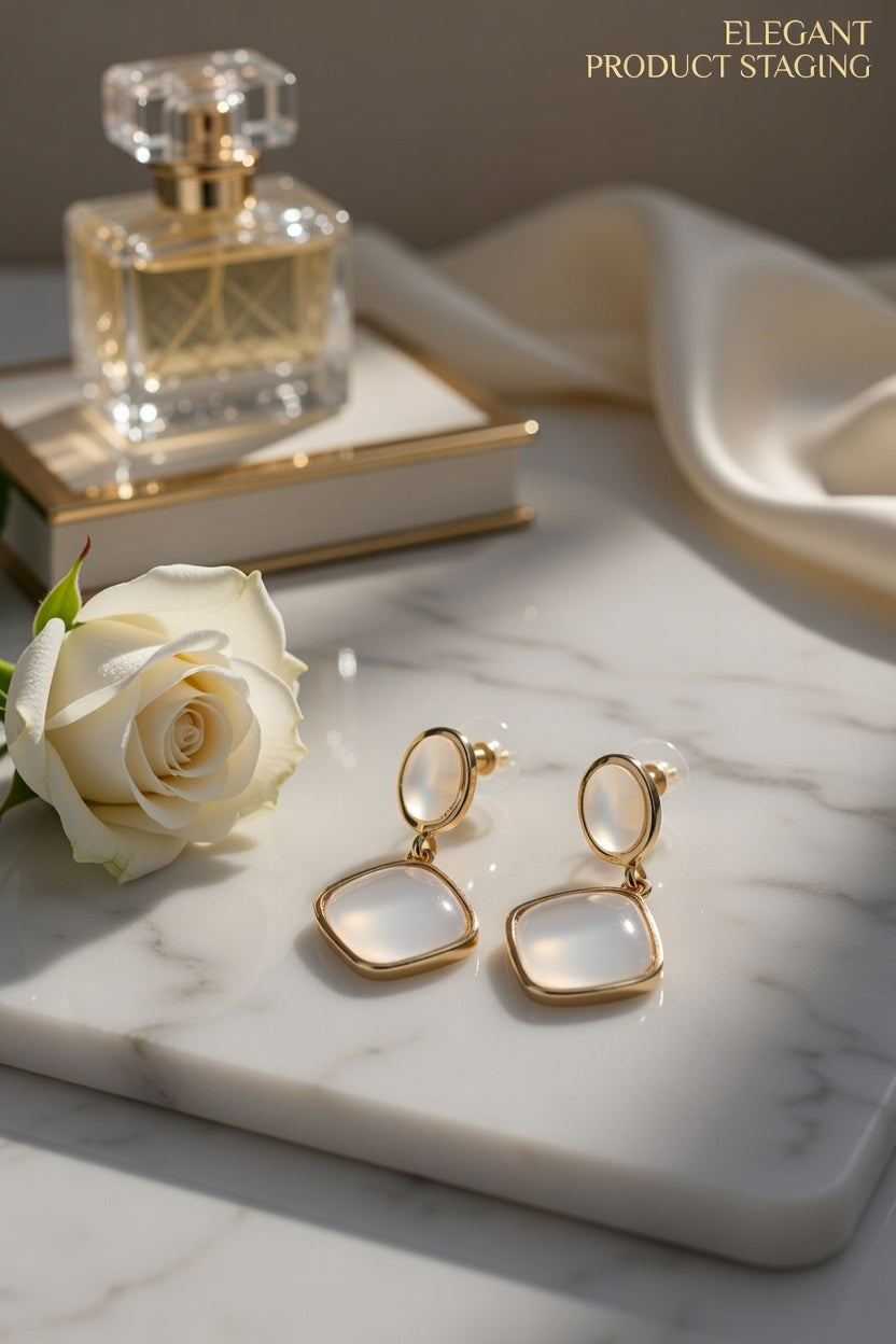 White Stone Drop Earrings – Gold Finish