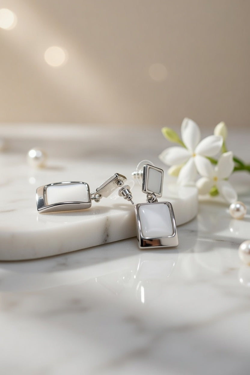 Elegant White Stone Rectangle Drop Earrings for Women | Silver Finish Minimal Party Wear