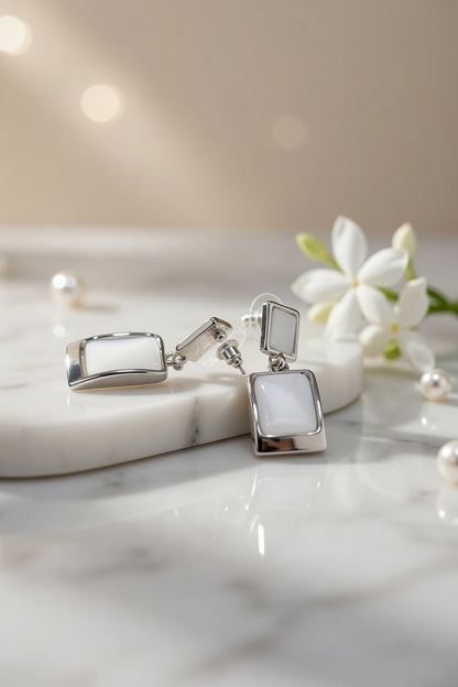 Elegant White Stone Rectangle Drop Earrings for Women | Silver Finish Minimal Party Wear