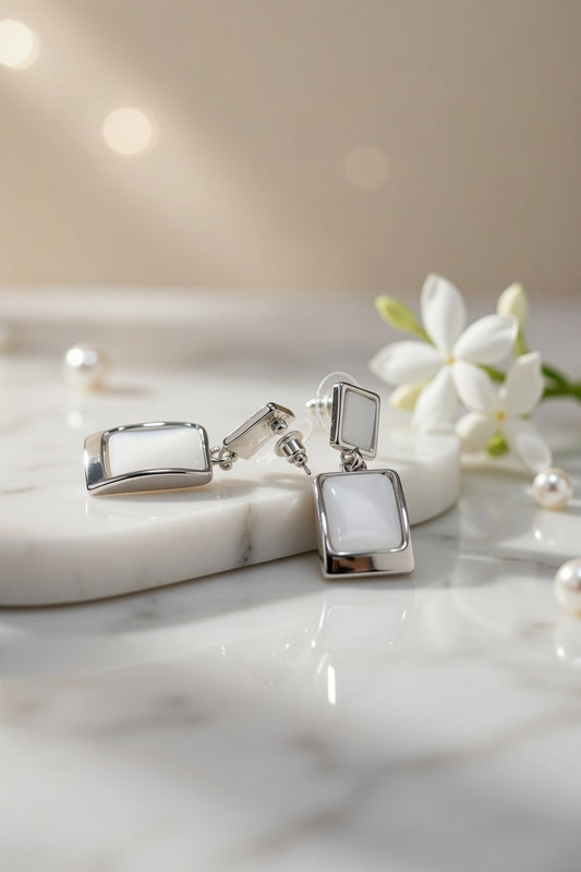 Elegant White Stone Rectangle Drop Earrings for Women | Silver Finish Minimal Party Wear