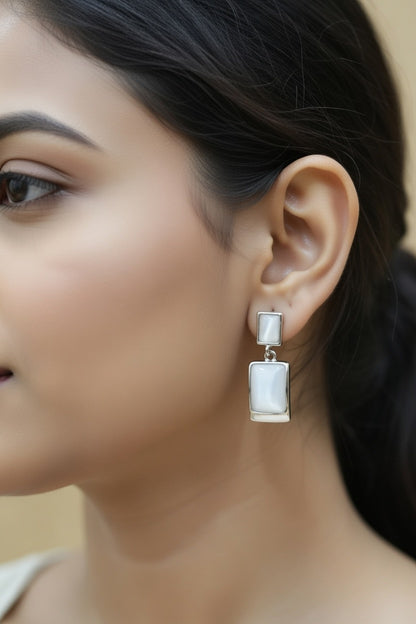 Elegant White Stone Rectangle Drop Earrings for Women | Silver Finish Minimal Party Wear