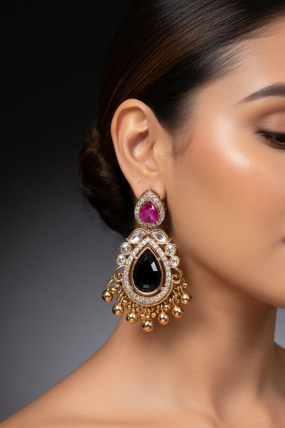 Green & Pink Kundan Jhumka Earrings for Women