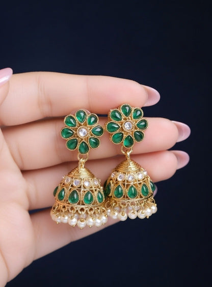 Artificial Pink & Green Small Jhumka Earrings with Pearl Drops