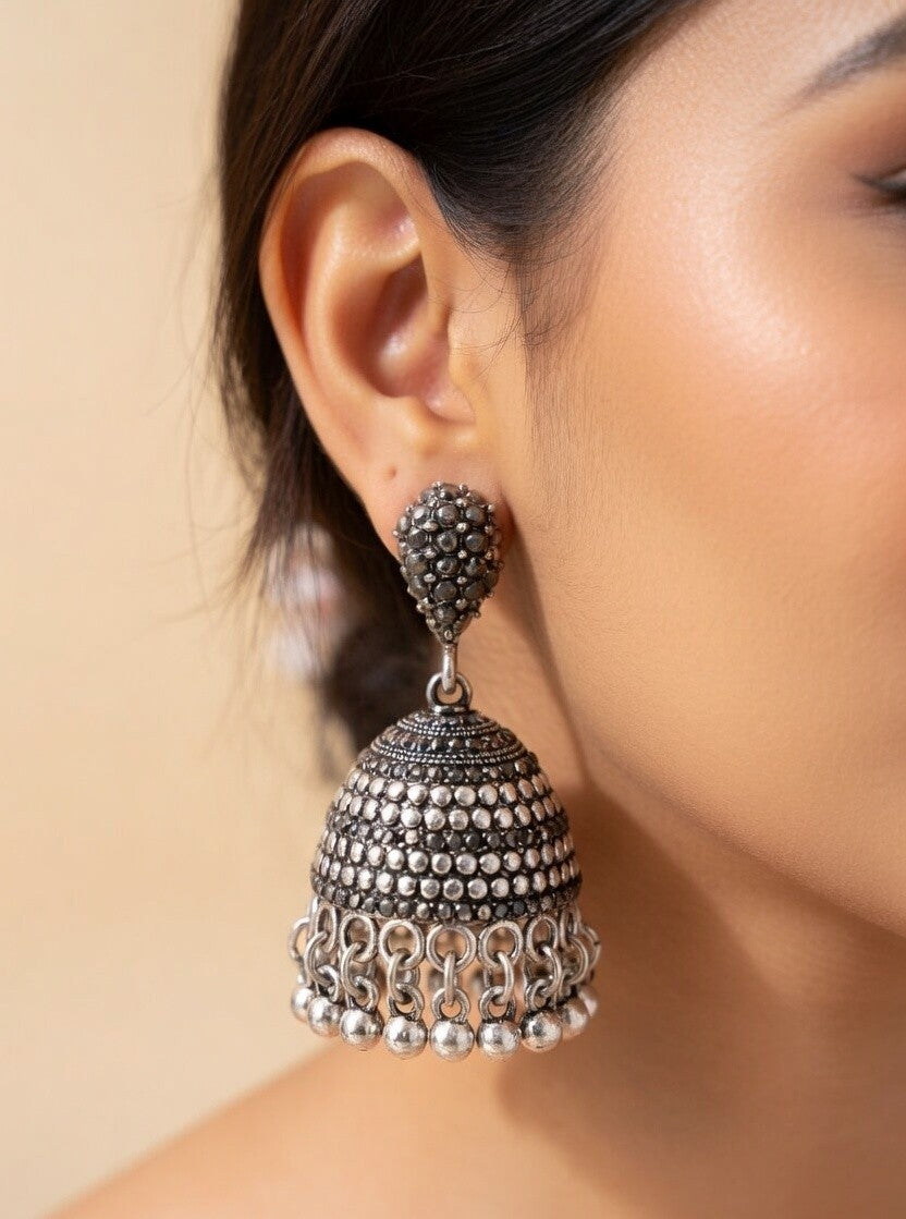 Oxidised Gold Plated Traditional Dome Jhumkas with Sparkling Black Stones