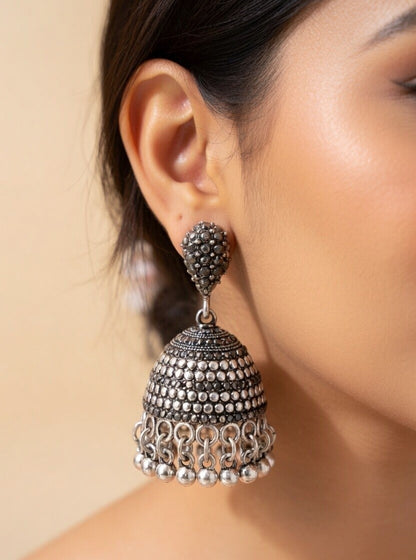 Oxidised Gold Plated Traditional Dome Jhumkas with Sparkling Black Stones