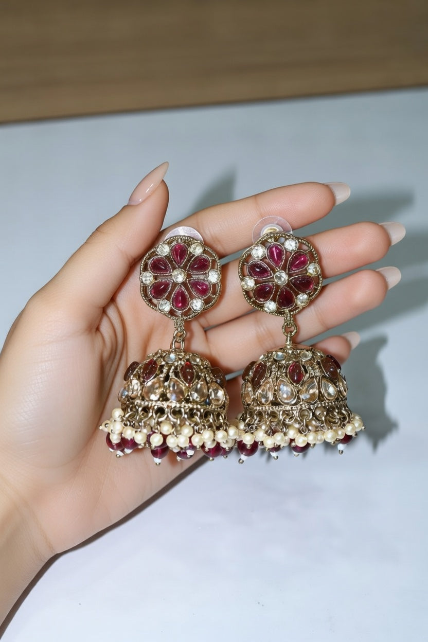 Ruby Kundan Pearl Jhumka Earrings