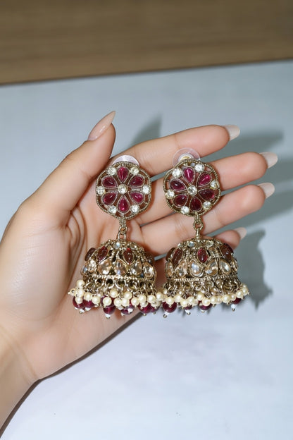 Ruby Kundan Pearl Jhumka Earrings