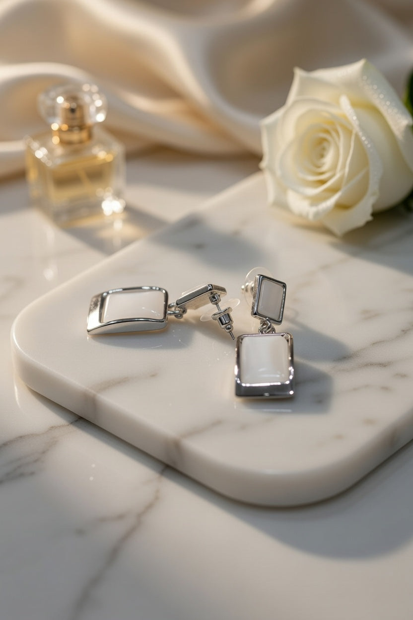 Elegant White Stone Rectangle Drop Earrings for Women | Silver Finish Minimal Party Wear