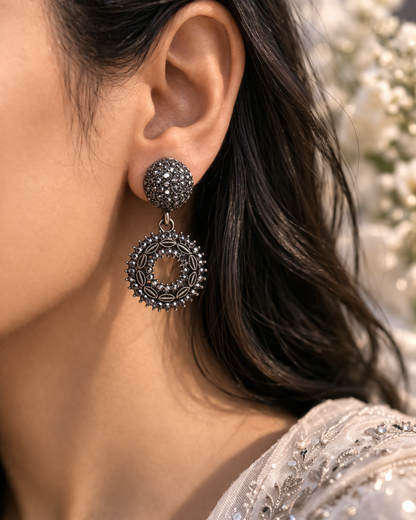 Black Oxidised Round Drop Earrings for Women