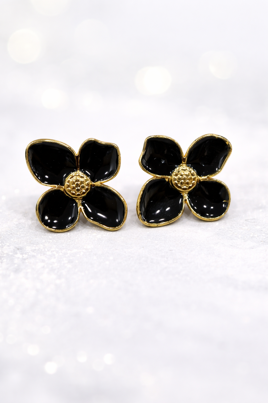 Black & White Enamel Gold Flower Stud Earrings