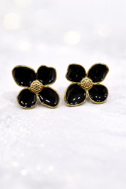 Black & White Enamel Gold Flower Stud Earrings