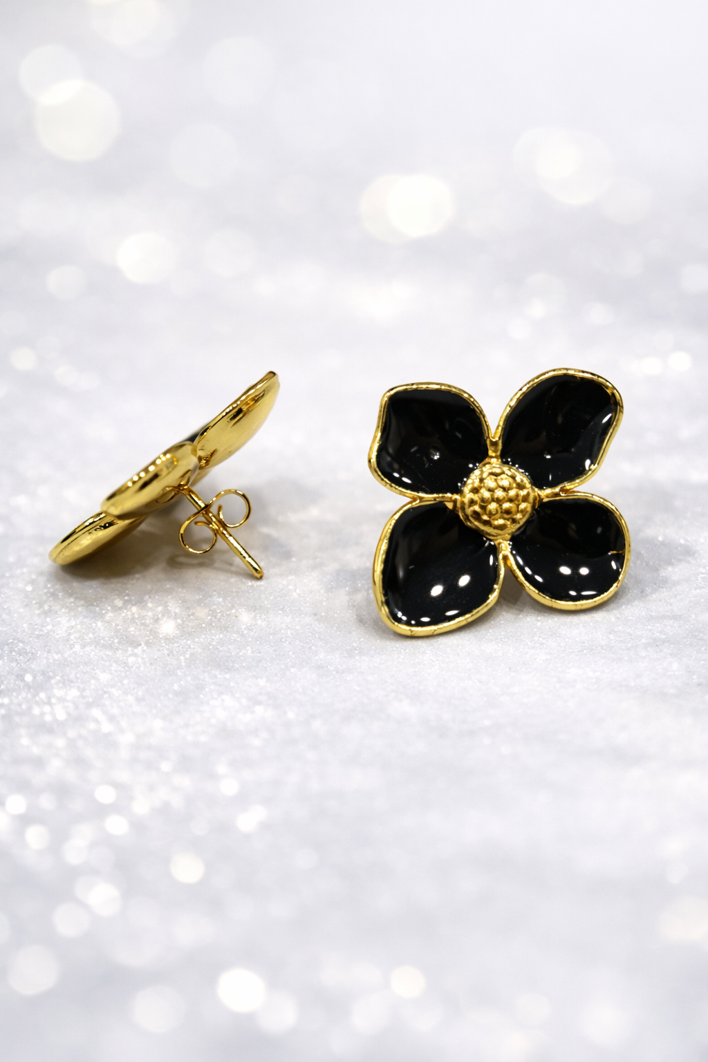 Black & White Enamel Gold Flower Stud Earrings