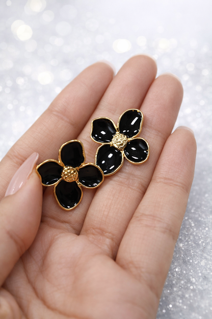 Black & White Enamel Gold Flower Stud Earrings