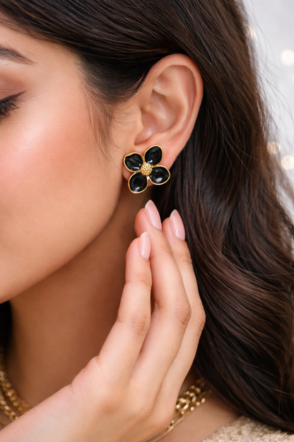 Black & White Enamel Gold Flower Stud Earrings
