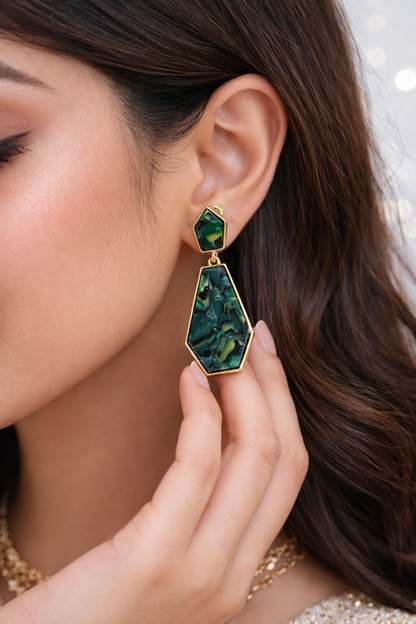 Green Marble Geometric Drop Earrings – Gold Finish