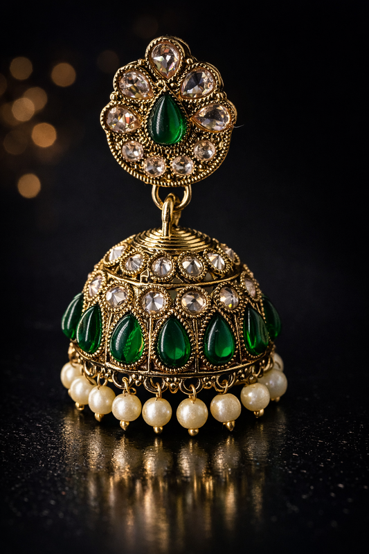 Elegant Green & Pink Stone Pearl Jhumka Earrings