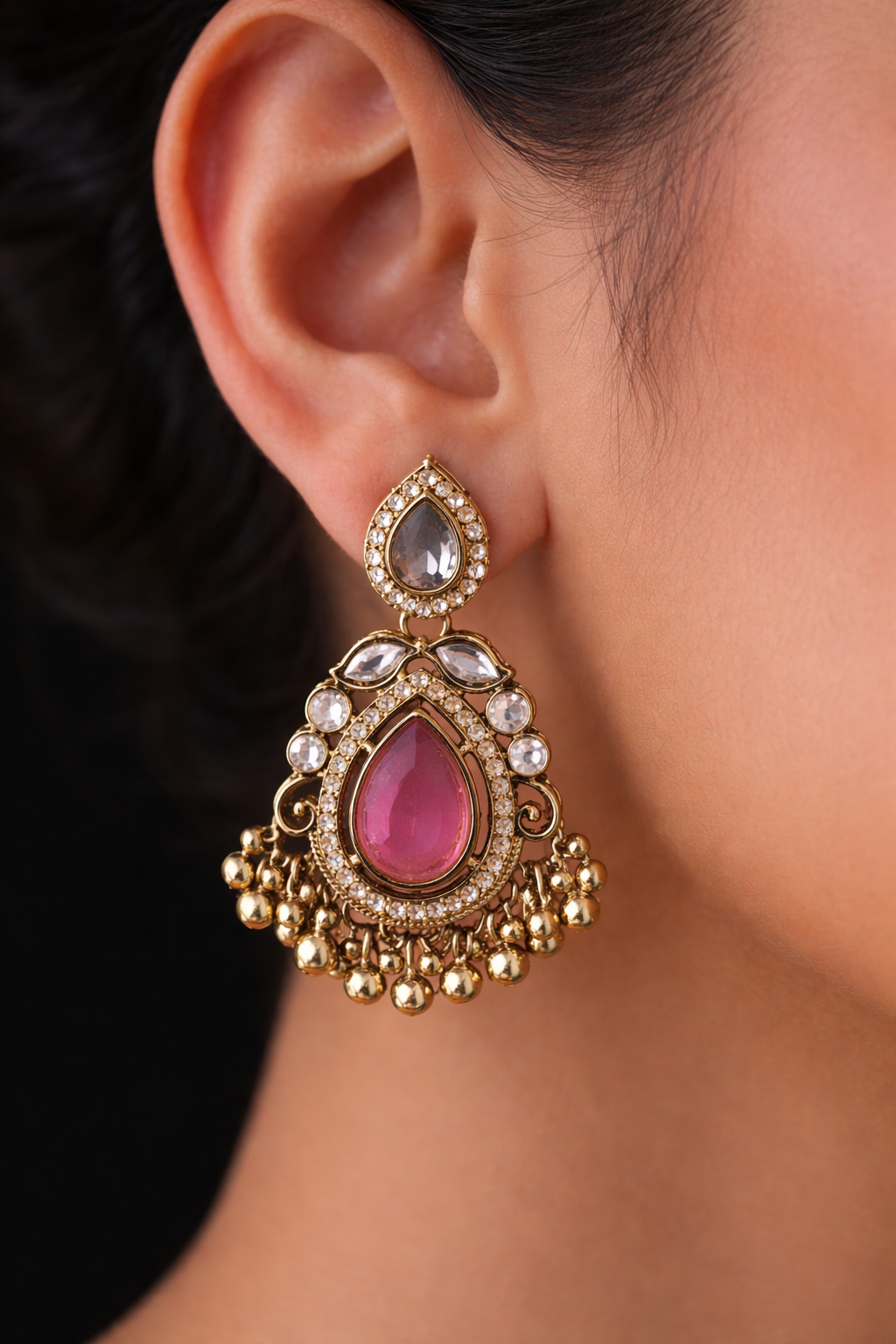 Artificial Pink Stone Kundan Drop Earrings for Women