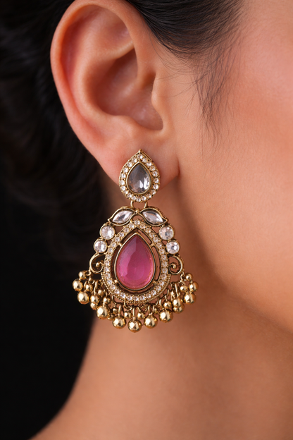 Artificial Pink Stone Kundan Drop Earrings for Women