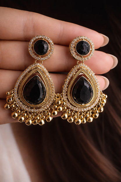 Black Stone Gold-Plated Jhumka Earrings for Women