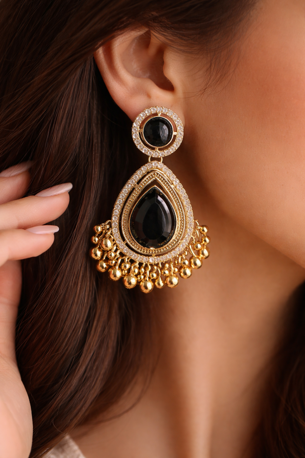 Black Stone Gold-Plated Jhumka Earrings for Women
