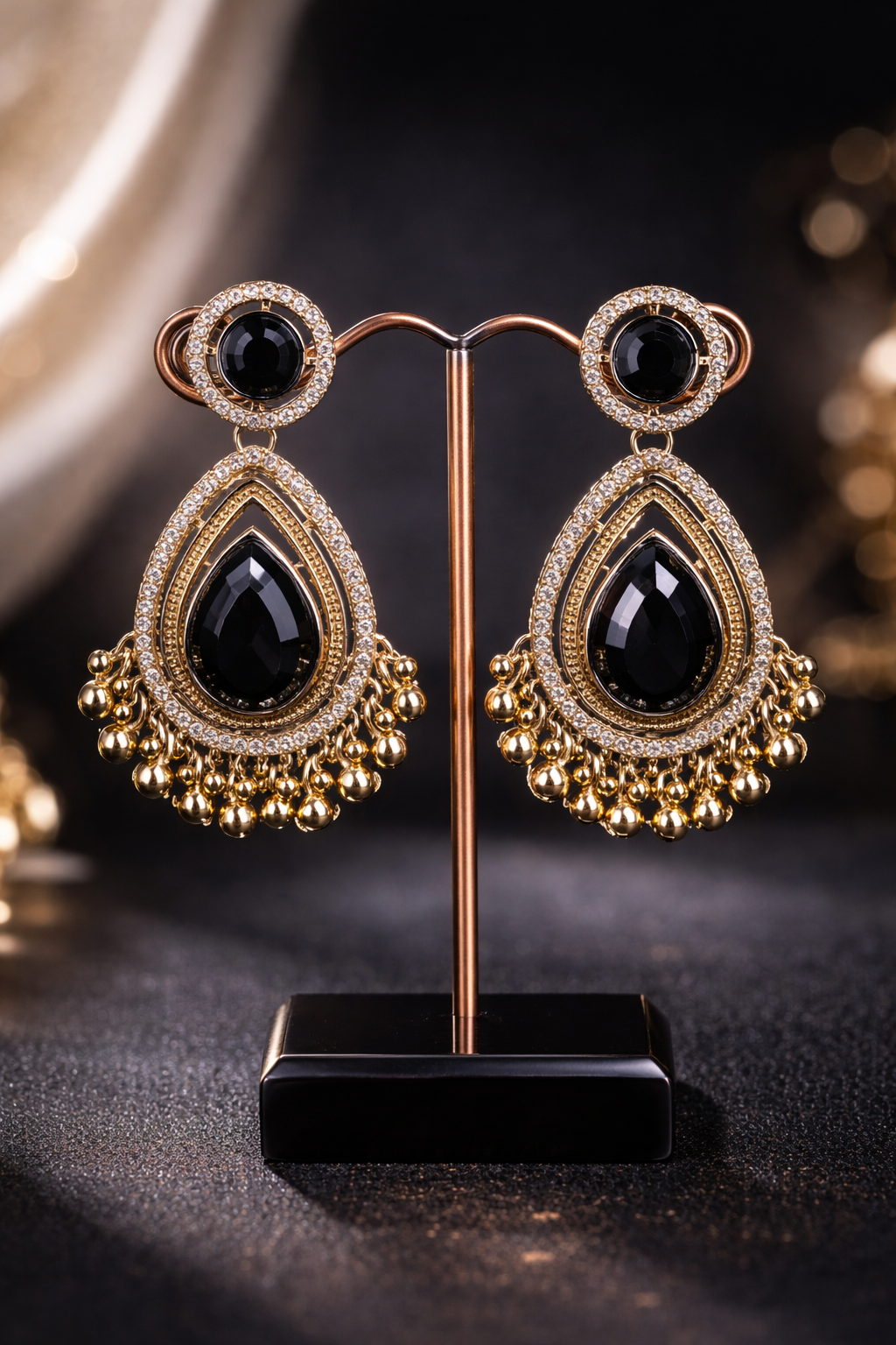 Black Stone Gold-Plated Jhumka Earrings for Women