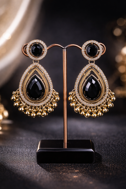 Black Stone Gold-Plated Jhumka Earrings for Women