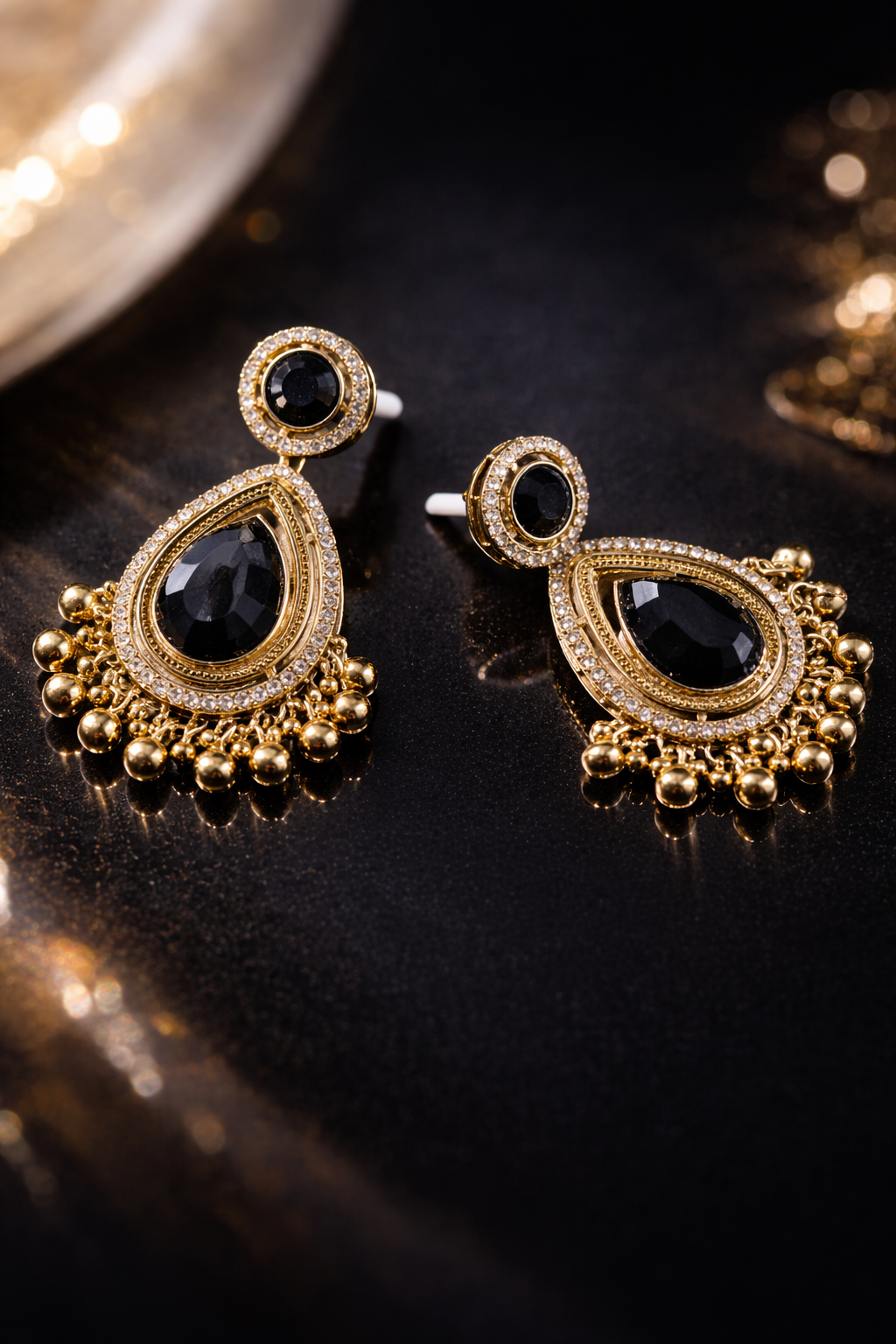 Black Stone Gold-Plated Jhumka Earrings for Women