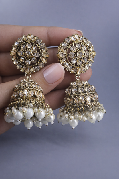 Artificial Antique Gold Jhumka Earrings for Women with Pearls