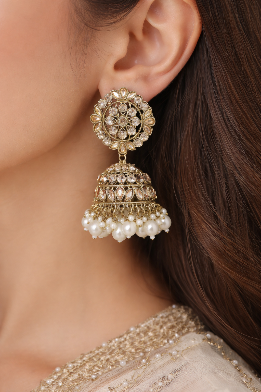 Artificial Antique Gold Jhumka Earrings for Women with Pearls