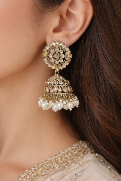 Artificial Antique Gold Jhumka Earrings for Women with Pearls