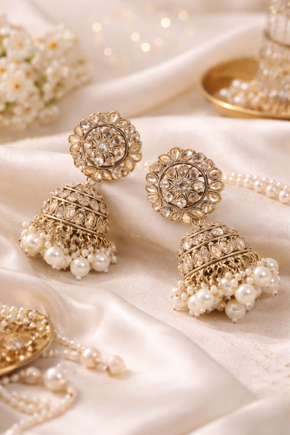 Artificial Antique Gold Jhumka Earrings for Women with Pearls