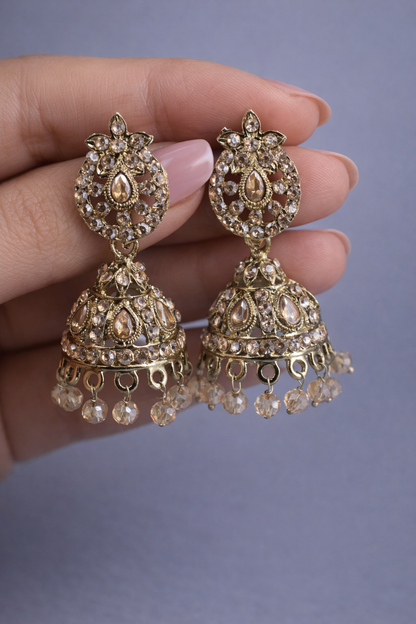 Elegant Polki Jhumka Earrings with Champagne Stone Drops