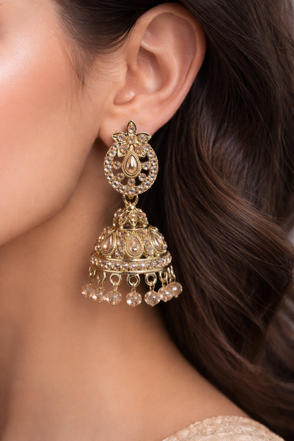 Elegant Polki Jhumka Earrings with Champagne Stone Drops
