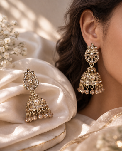 Elegant Polki Jhumka Earrings with Champagne Stone Drops