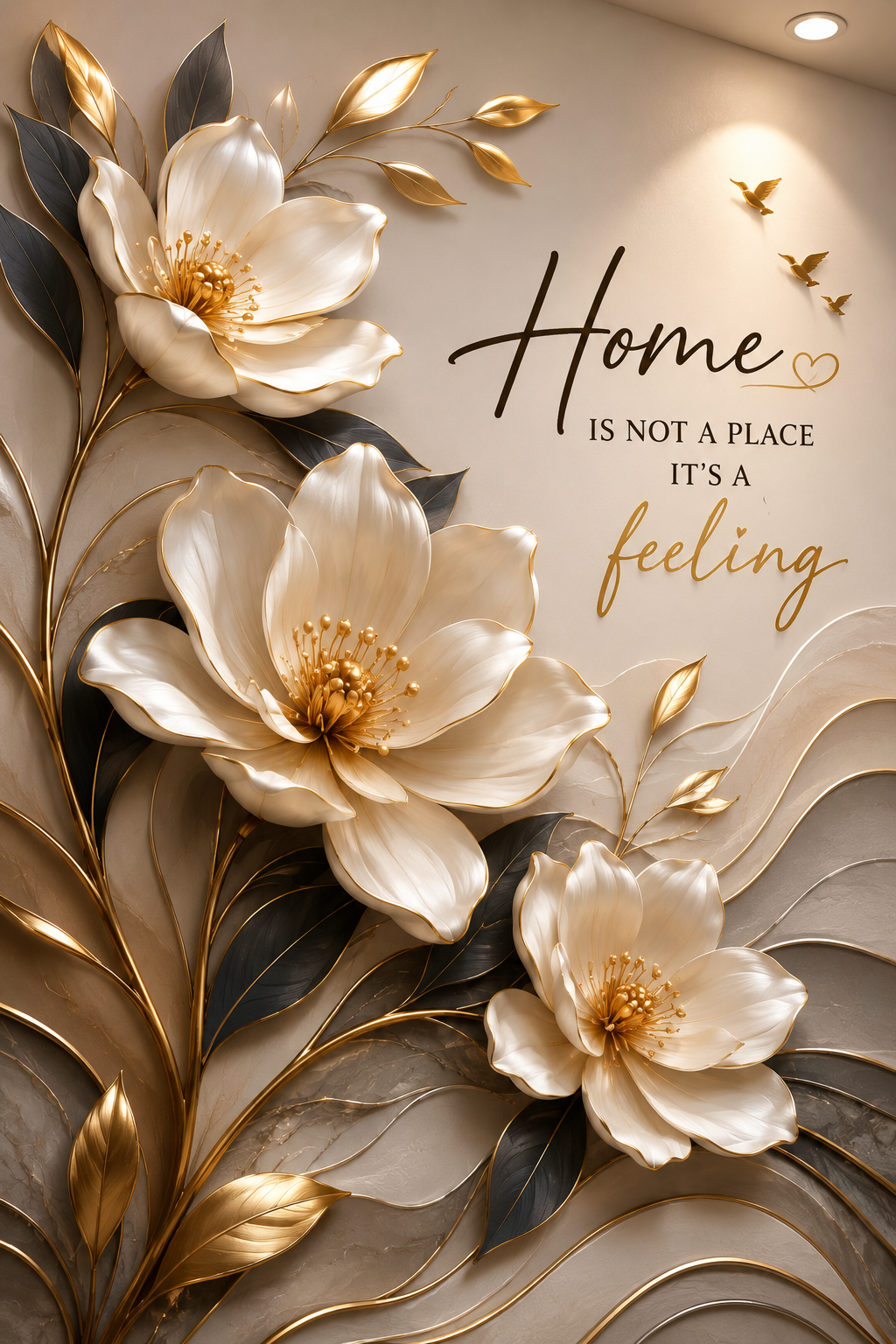 Luxury Floral Quote Wall Painting | Golden Abstract Flower Canvas Wall Art for Living Room Bedroom Office