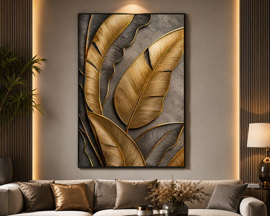 Luxury Golden Leaf Abstract Wall Painting | Modern Botanical Canvas Wall Art for Living Room Bedroom Office | Premium A3 Size Framed Decor Poster