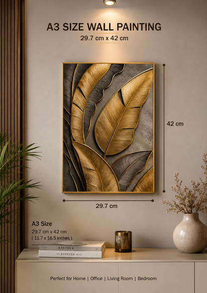 Luxury Golden Leaf Abstract Wall Painting | Modern Botanical Canvas Wall Art for Living Room Bedroom Office | Premium A3 Size Framed Decor Poster