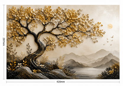 Luxury Golden Tree Landscape Wall Painting | Abstract Nature Canvas Wall Art for Living Room Bedroom Office | Premium Beige & Gold Frameless Decor Poster | A3 Size