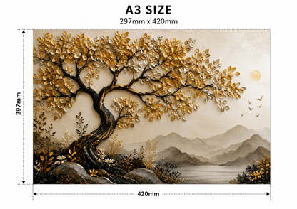 Luxury Golden Tree Landscape Wall Painting | Abstract Nature Canvas Wall Art for Living Room Bedroom Office | Premium Beige & Gold Frameless Decor Poster | A3 Size