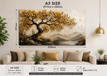 Luxury Golden Tree Landscape Wall Painting | Abstract Nature Canvas Wall Art for Living Room Bedroom Office | Premium Beige & Gold Frameless Decor Poster | A3 Size