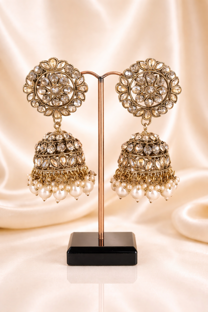 Artificial Antique Gold Jhumka Earrings for Women with Pearls