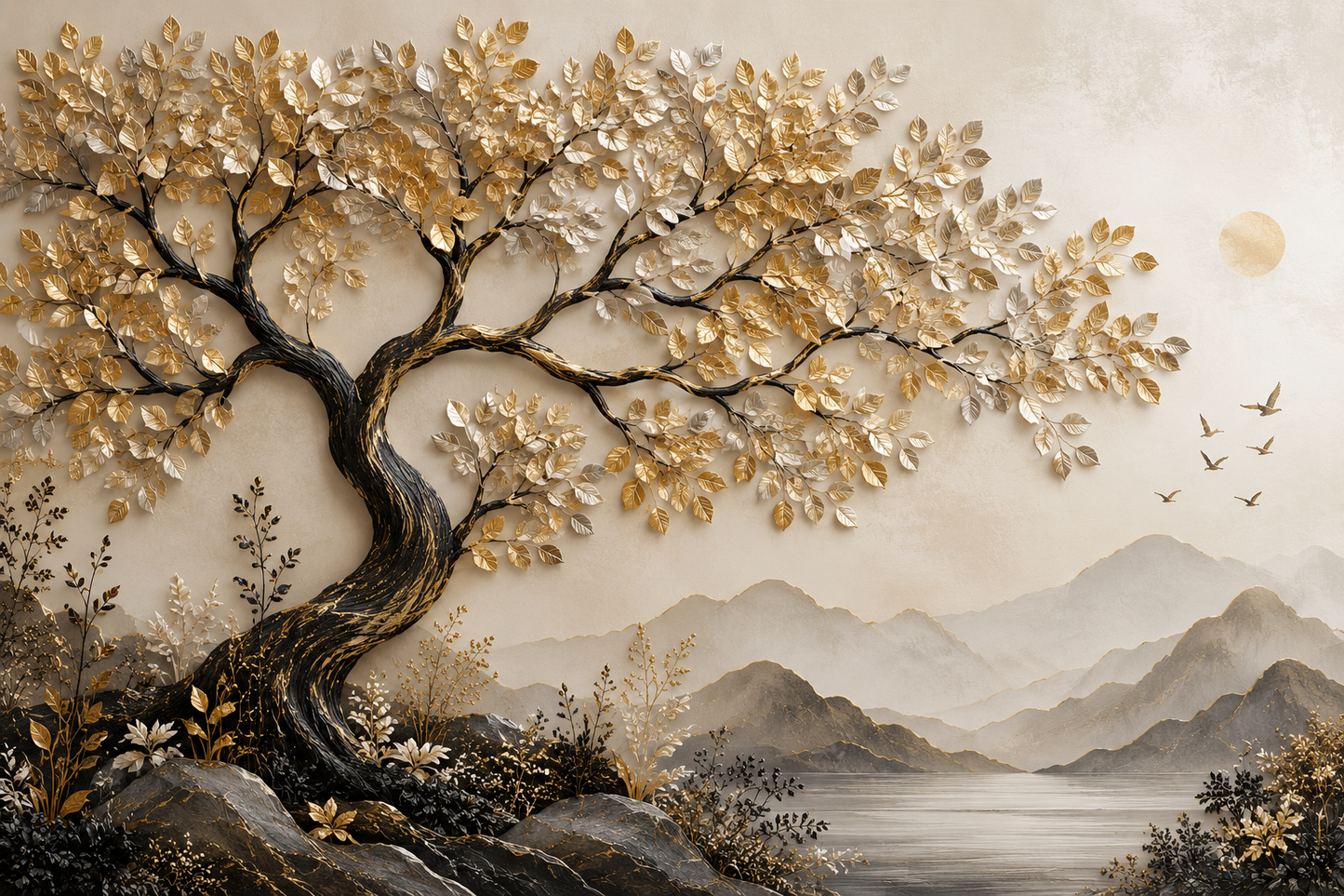 Luxury Golden Tree Landscape Wall Painting | Abstract Nature Canvas Wall Art for Living Room Bedroom Office | Premium Beige & Gold Frameless Decor Poster | A3 Size