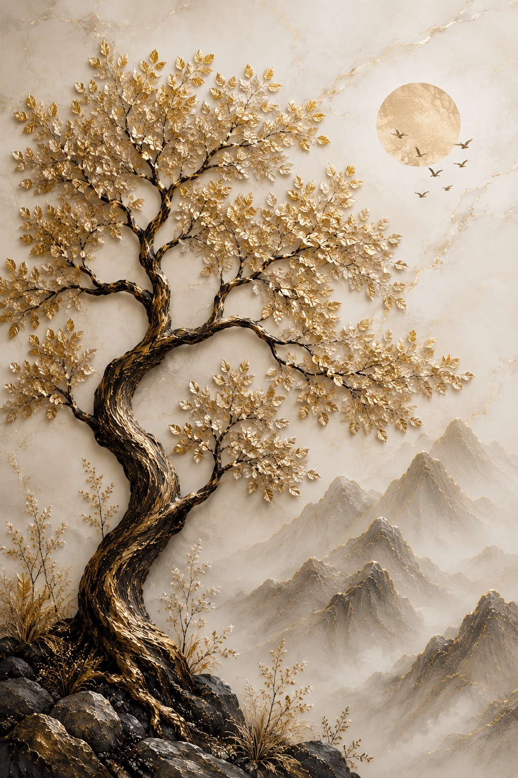 Luxury Golden Tree Landscape Wall Painting | Abstract Nature Canvas Wall Art for Living Room Bedroom Office | Premium Beige & Gold Frameless Decor Poster | A3 Size