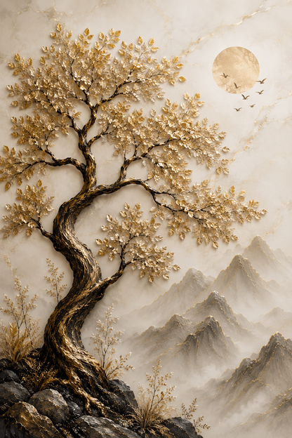Luxury Golden Tree Landscape Wall Painting | Abstract Nature Canvas Wall Art for Living Room Bedroom Office | Premium Beige & Gold Frameless Decor Poster | A3 Size
