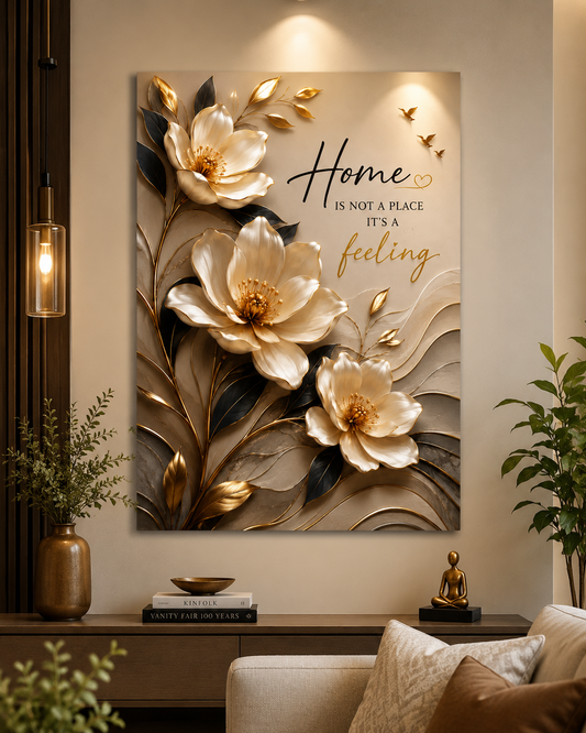 Luxury Floral Quote Wall Painting | Golden Abstract Flower Canvas Wall Art for Living Room Bedroom Office