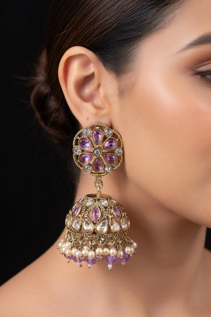 Pearl Kundan Jhumka Earrings for Women - Pink, Green, Red, Light Pink