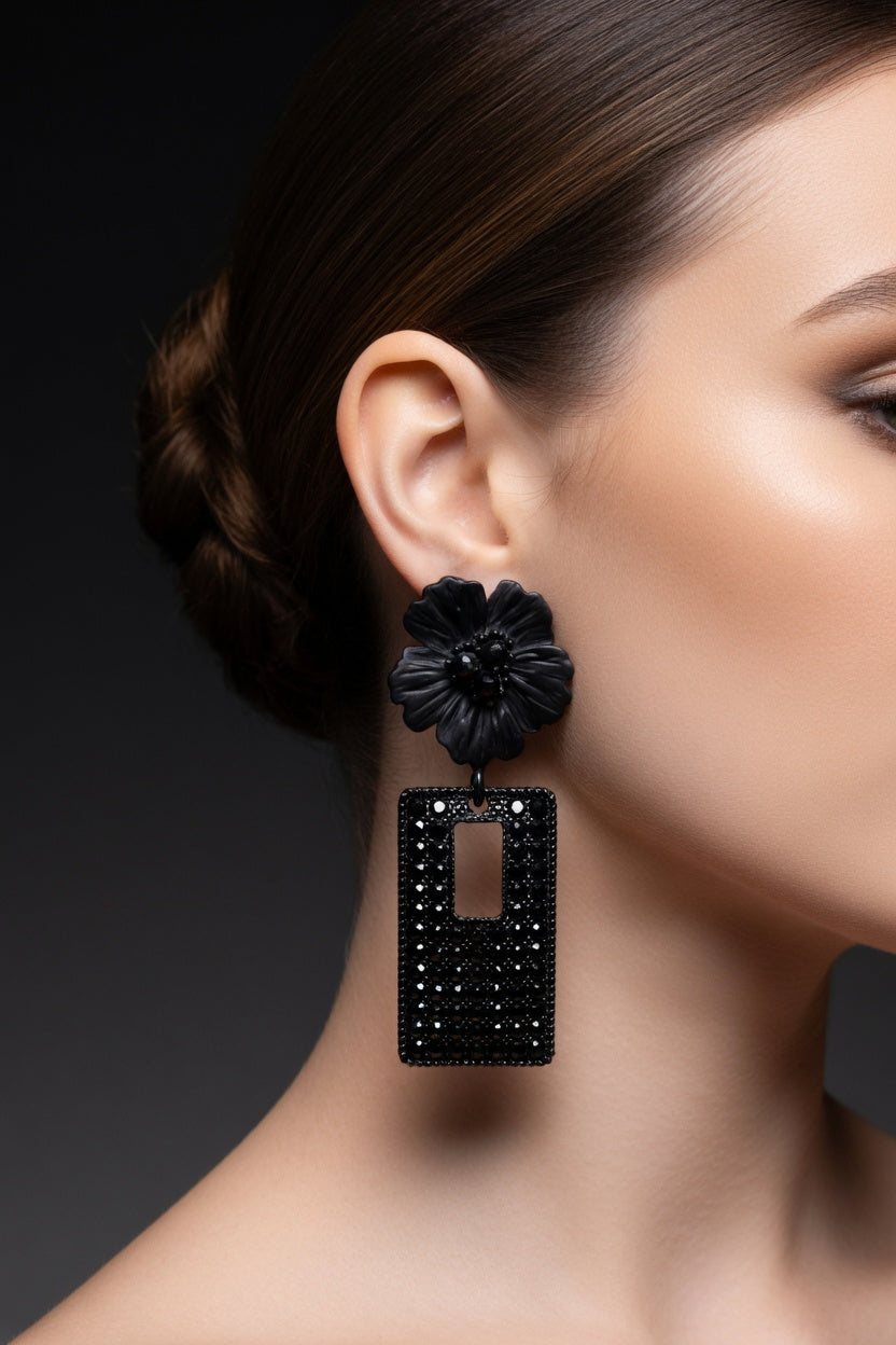 Black Floral Statement Earrings for Women