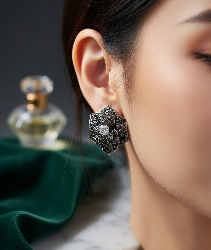 Black Floral Statement Stud Earrings for Women
