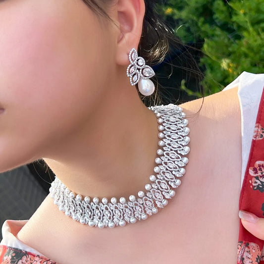 Luxury Jewellery Set Cubic Zirconia Crystal Pearl Necklace and Earrings Set