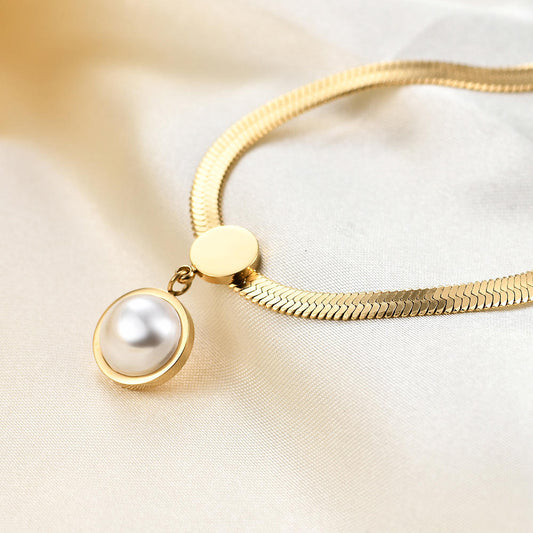 Flat Snake Chain Necklace with Imitation Pearl – Trendy Collarbone Choker